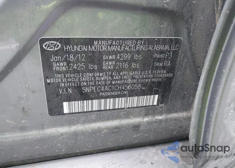 2012 Hyundai Sonata Se из США, поврежденный, VIN 5NPEC4AC1CH456058